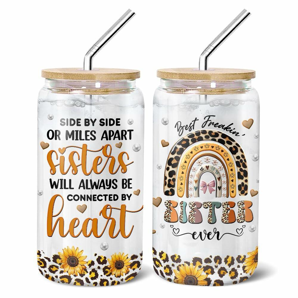 9BUTERFLY Sunflower Leopard Coffee Glass Mug 16oz Bamboo Lid Straw
