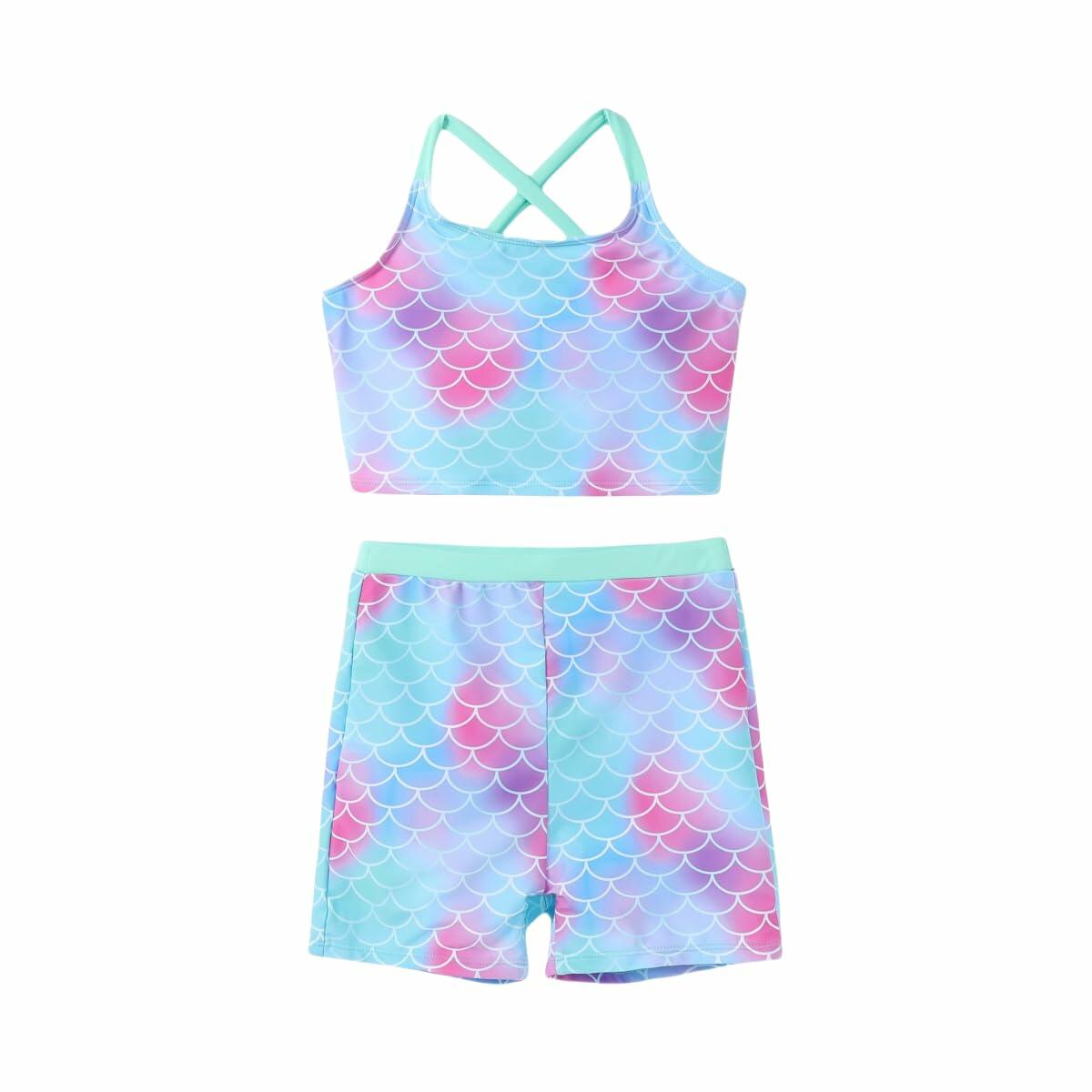 PATPAT Girls 2-Piece Tankini Swimsuit Set Light Green Fish Mermaid Size 6-7