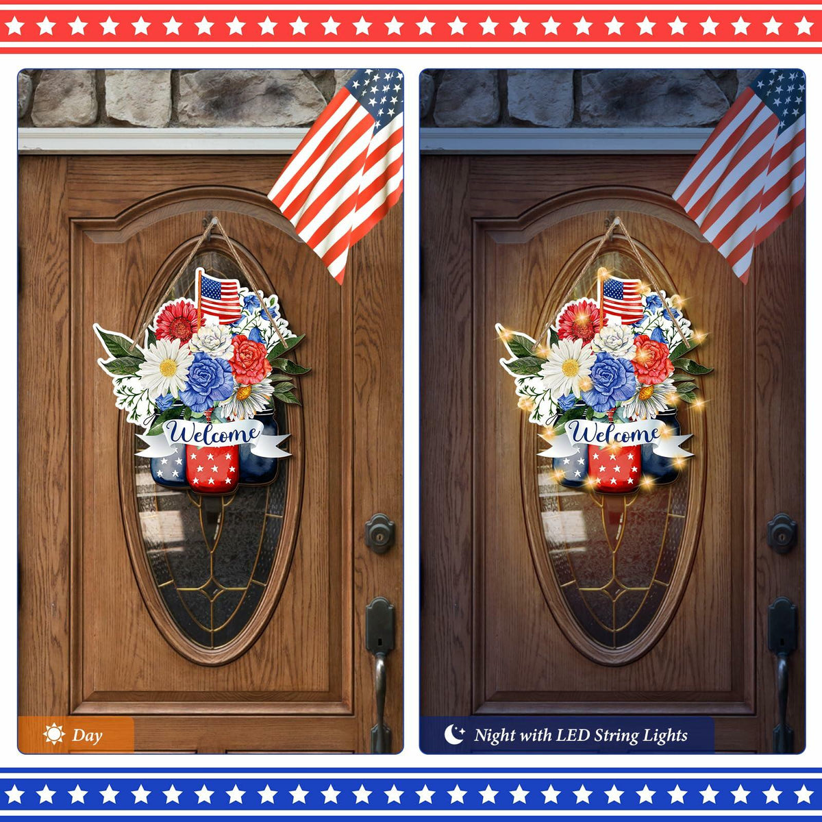 Wayyogh 4th of July Door Sign 11.4in Wooden Flag Flower Wreath Red Blue