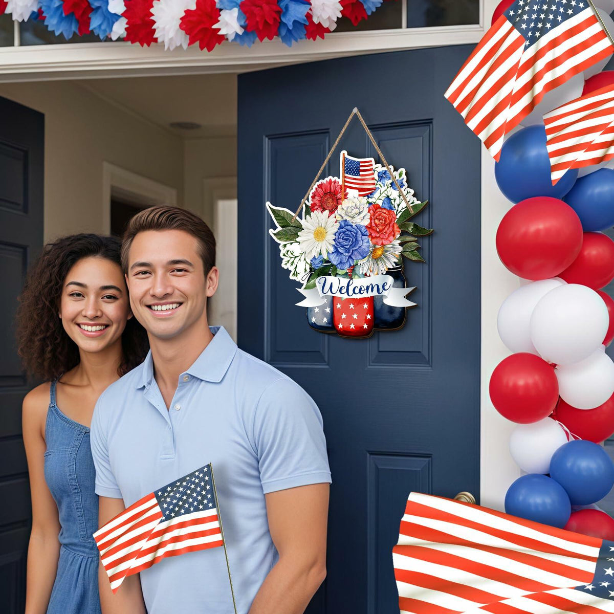 Wayyogh 4th of July Door Sign 11.4in Wooden Flag Flower Wreath Red Blue