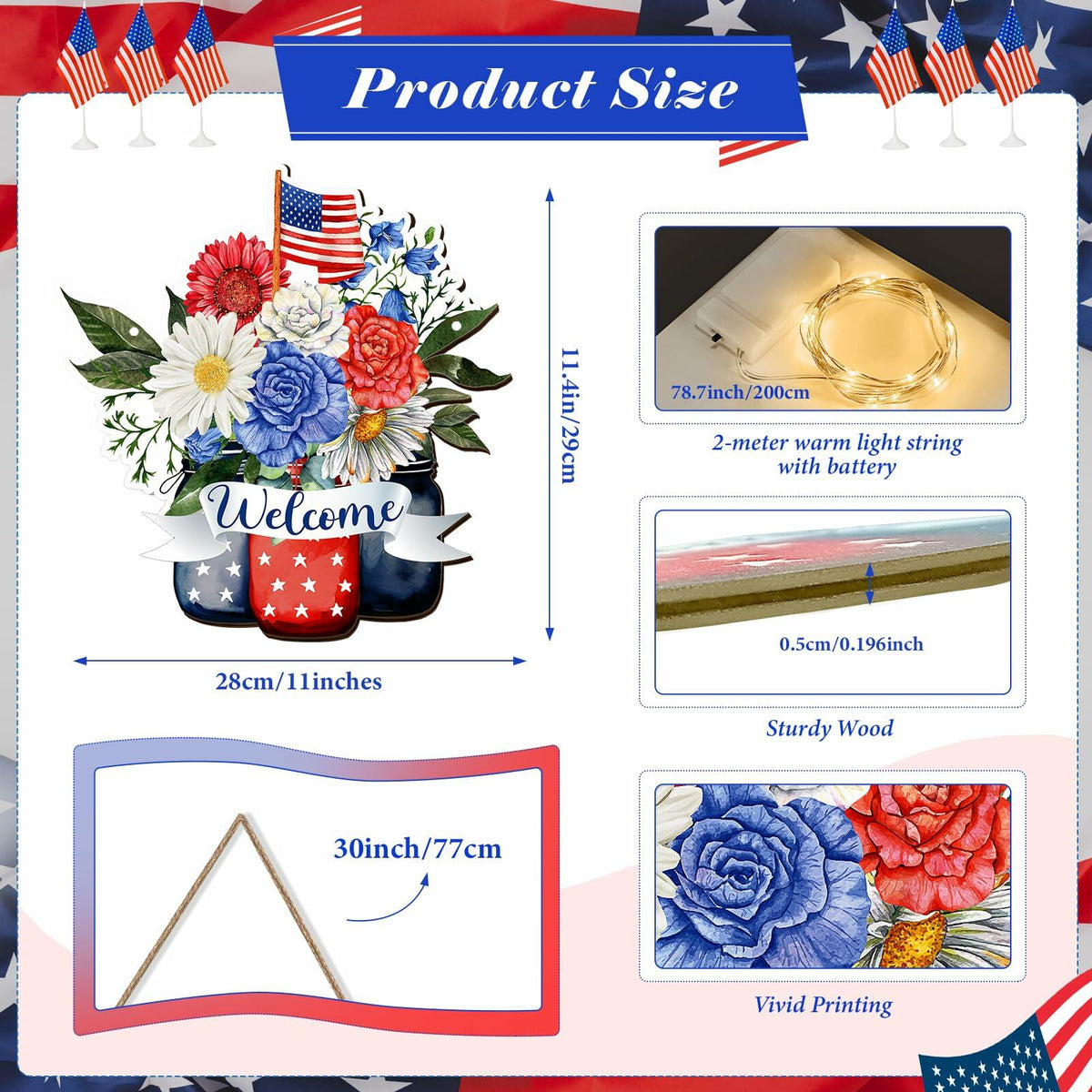 Wayyogh 4th of July Door Sign 11.4in Wooden Flag Flower Wreath Red Blue