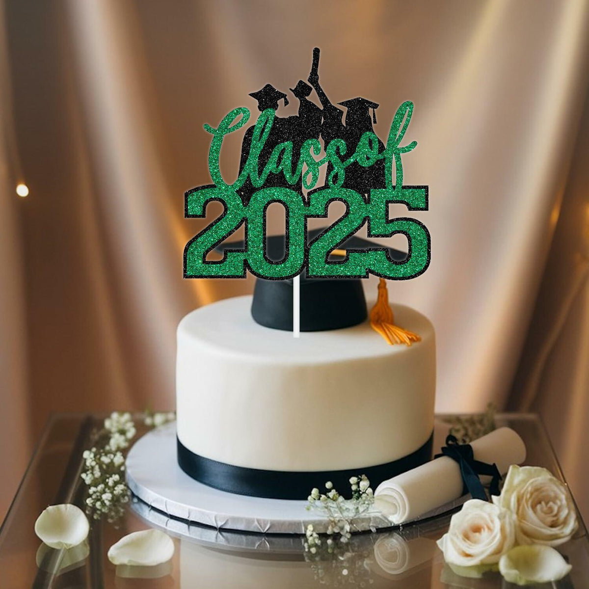 RLXPT Class of 2025 Cake Topper Graduation Party Decor Black Green Glitter