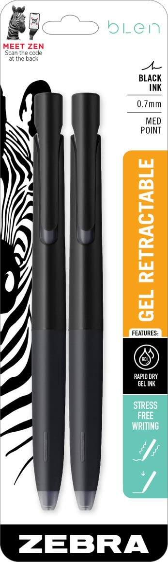 Zebra Pen Retractable Gel Pen bLen 0.7mm Medium Point Black Ink