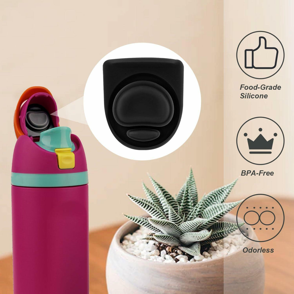 PEUTIER 3pcs Black Stopper for Owala FreeSip Bottle Lid Seal Silicone Plug