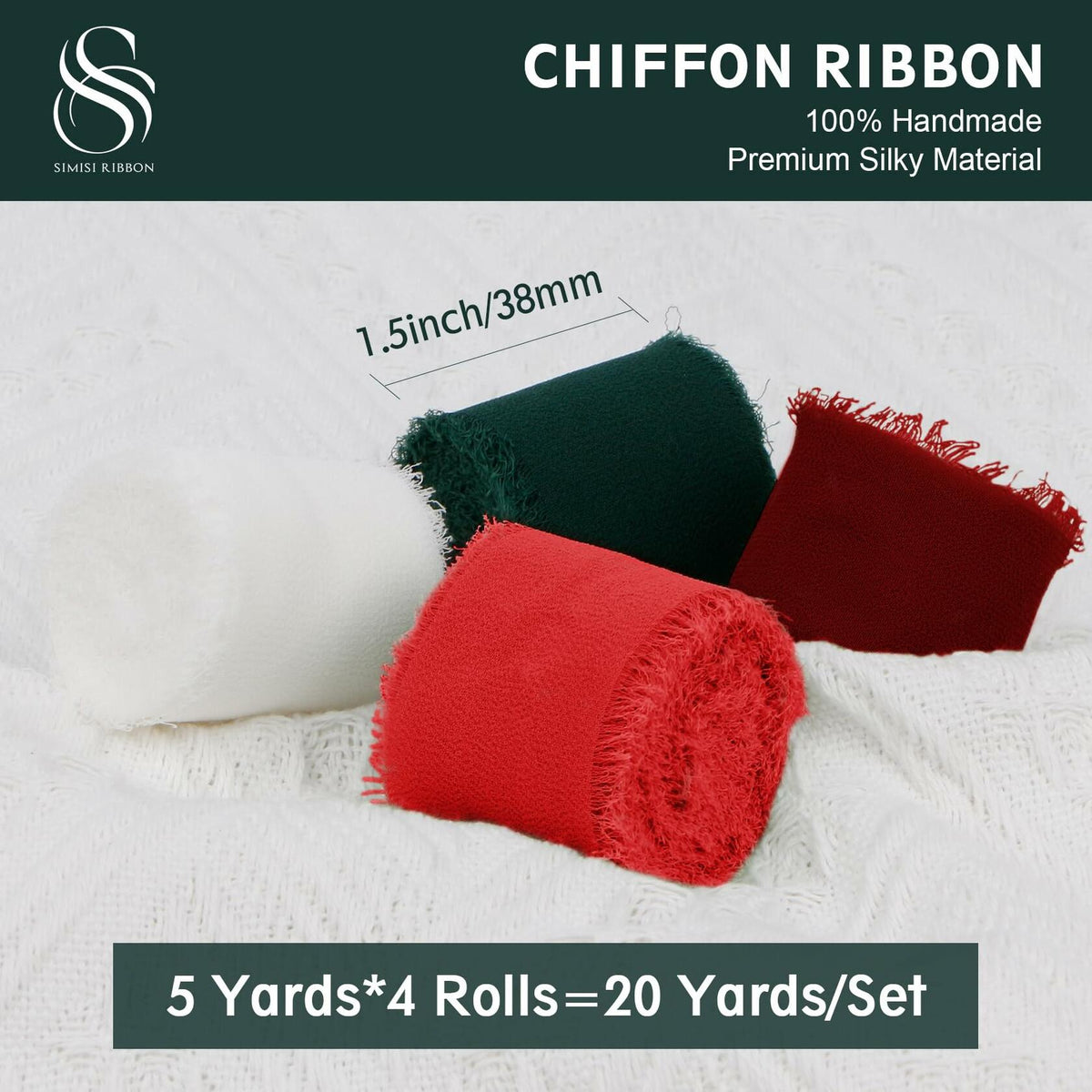 SIMISI RIBBON Christmas Chiffon Silk Ribbon 1.5'' 5 Yards x4 Rolls Green Red