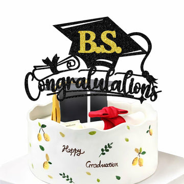 RLXPT Congrats Grad Cake Topper 2025 Black Gold Glitter B.S. Graduation