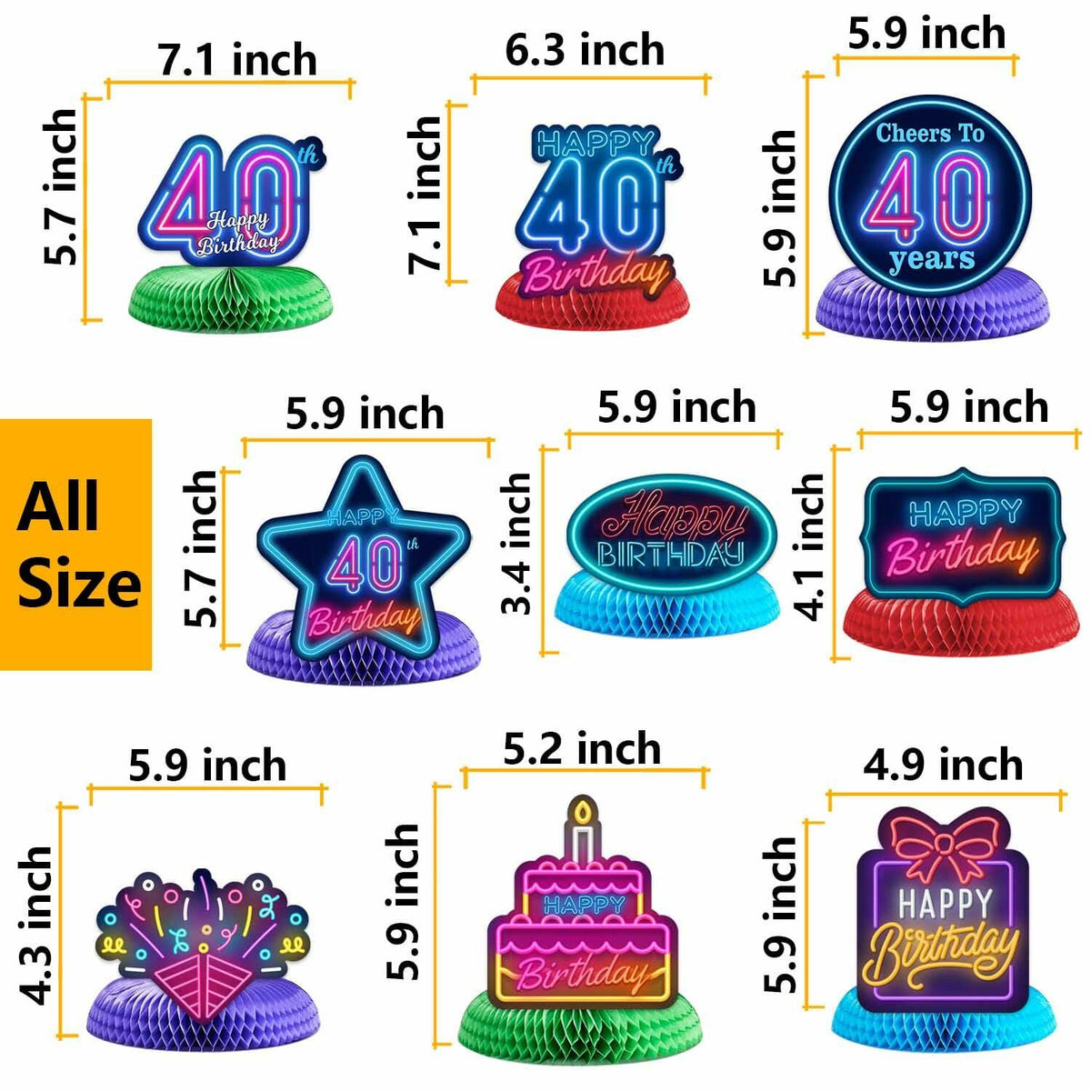 COOSOAR Happy 40th Birthday Neon Glow Honeycomb Centerpieces with Lights