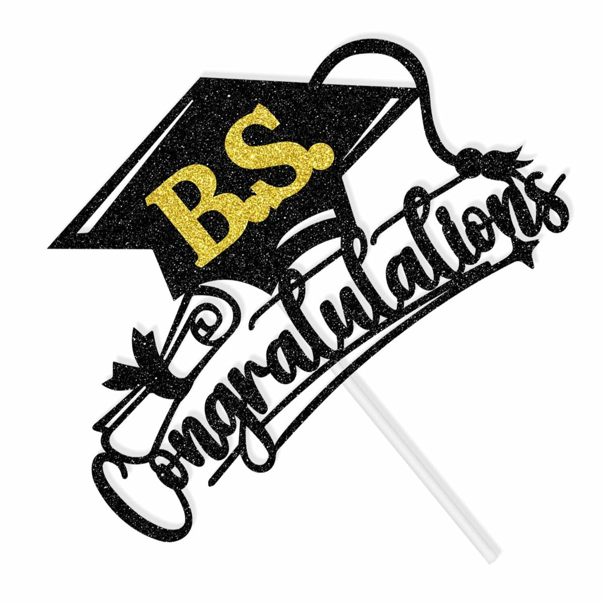 RLXPT Congrats Grad Cake Topper 2025 Black Gold Glitter B.S. Graduation