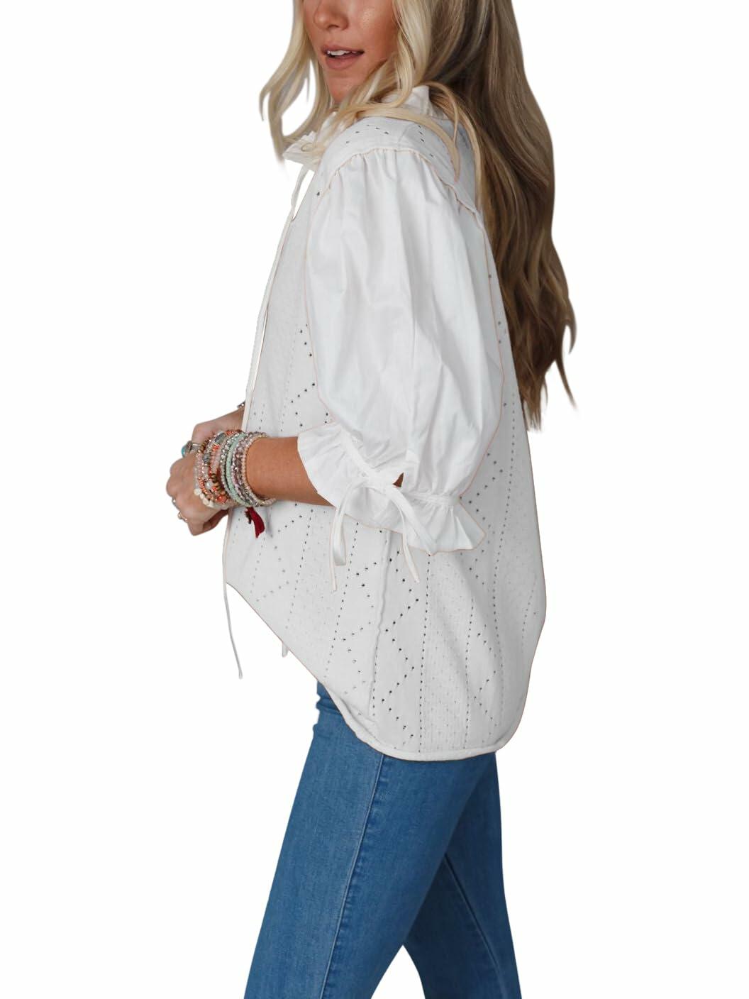 KINLONSAIR Women’s Puff Sleeve V-Neck Knit Top Lightweight White Shirt