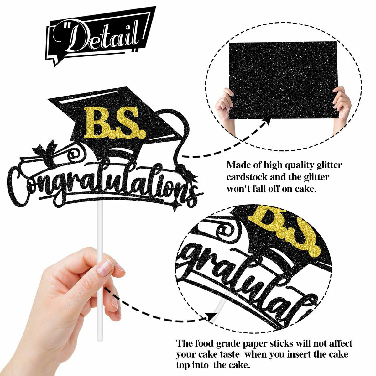 RLXPT Congrats Grad Cake Topper 2025 Black Gold Glitter B.S. Graduation