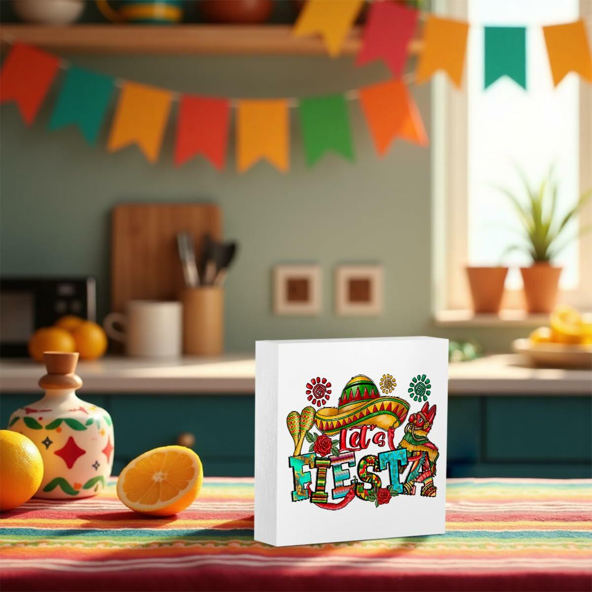 MIOOKISS Cinco De Mayo Mexican Fiesta Rustic Wooden Box Sign 5x5 Let's Fiesta