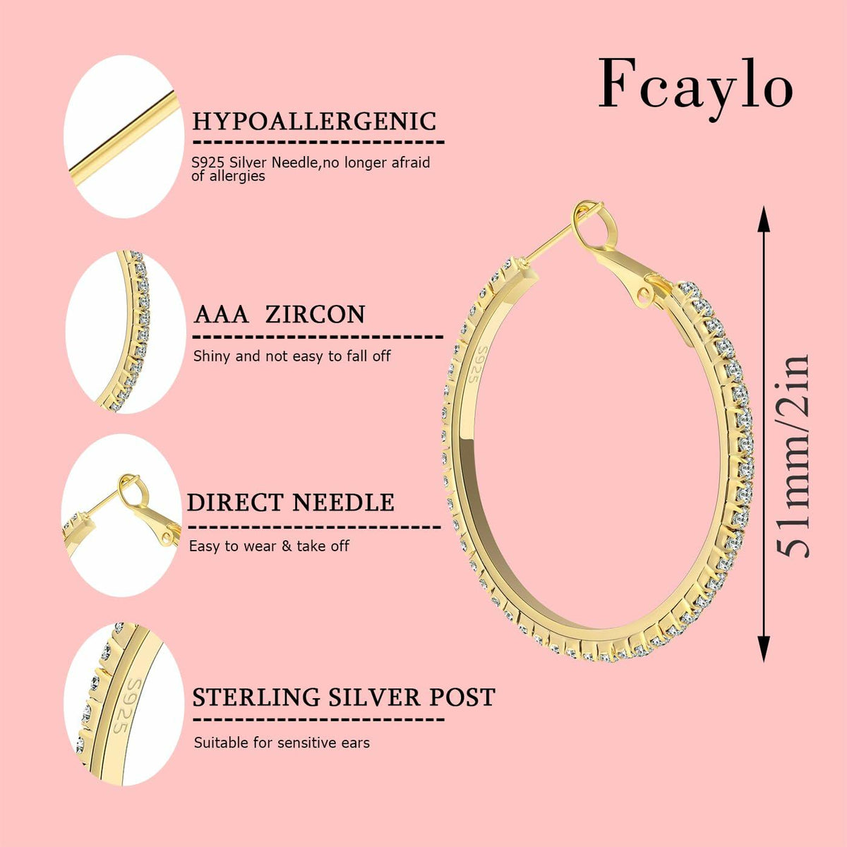 fcaylo 925 Sterling Silver Gold Hypoallergenic Lightweight Hoop Earrings 40mm