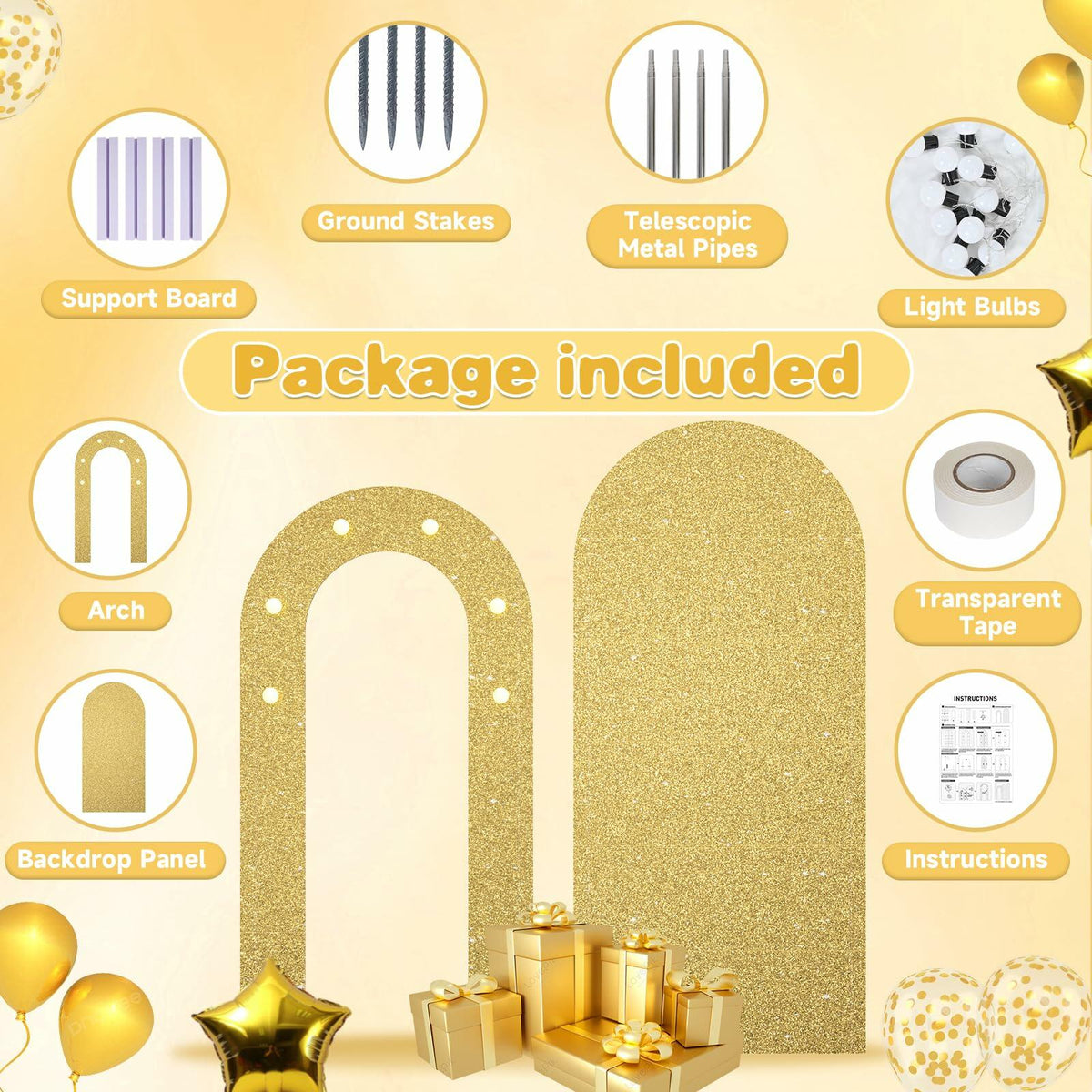 Paready Outdoor Gold Arch Backdrop Stands Pack of 2 Shiny Tropical Frame