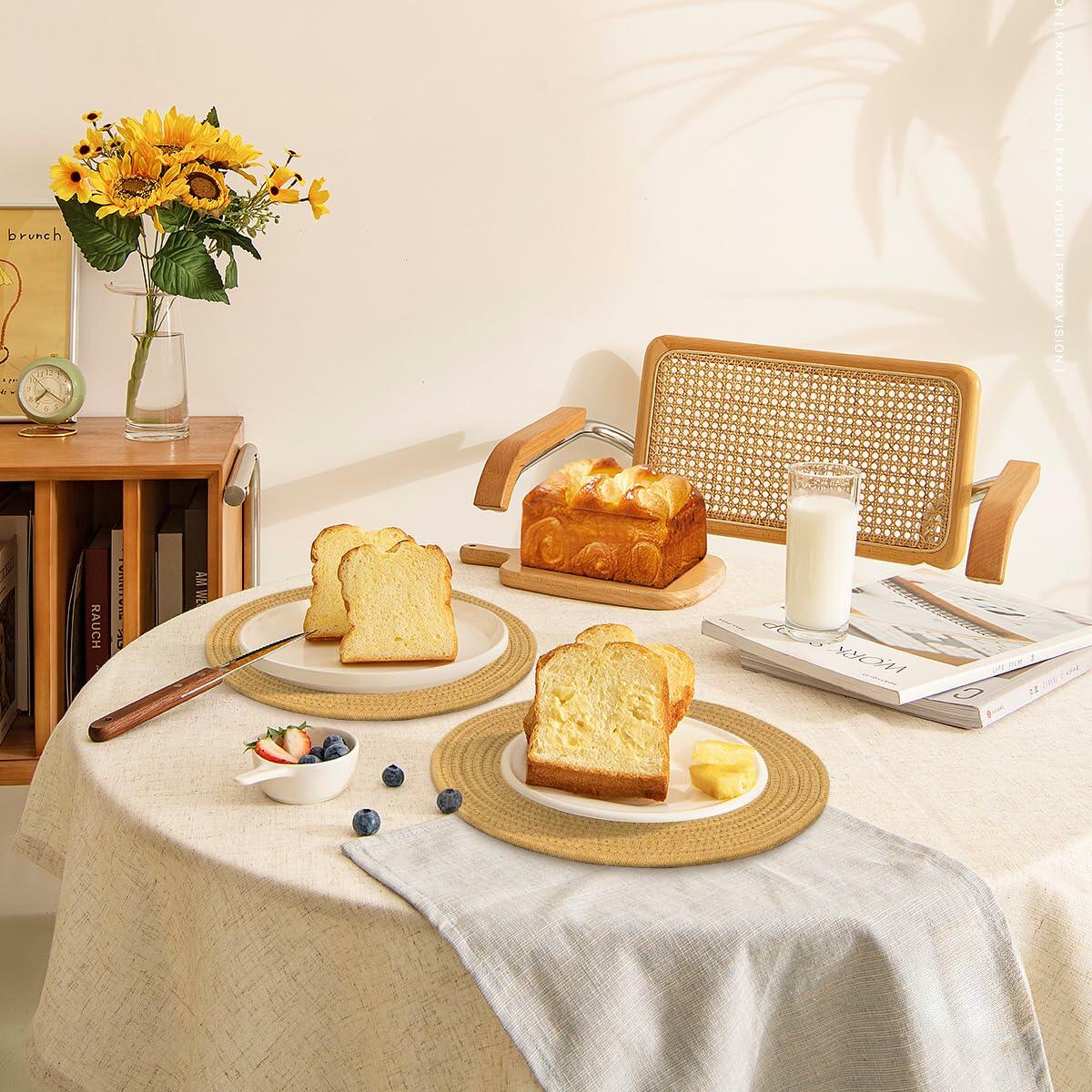 WEAVELYRICS 15" Round Braided Cotton Placemats Brown Set of 4