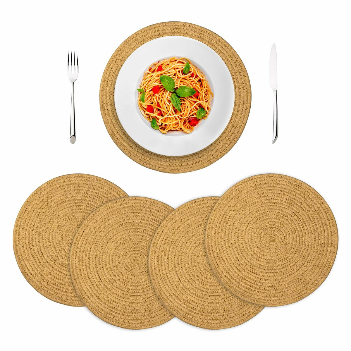 WEAVELYRICS 15" Round Braided Cotton Placemats Brown Set of 4