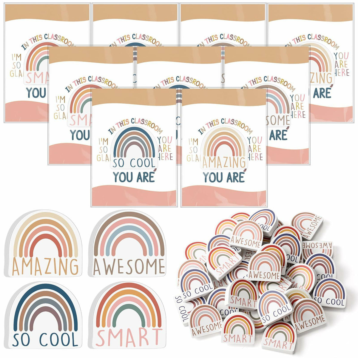 Feifeiya 80 Sets Rainbow Inspirational Erasers with Motivational Cards Colorful