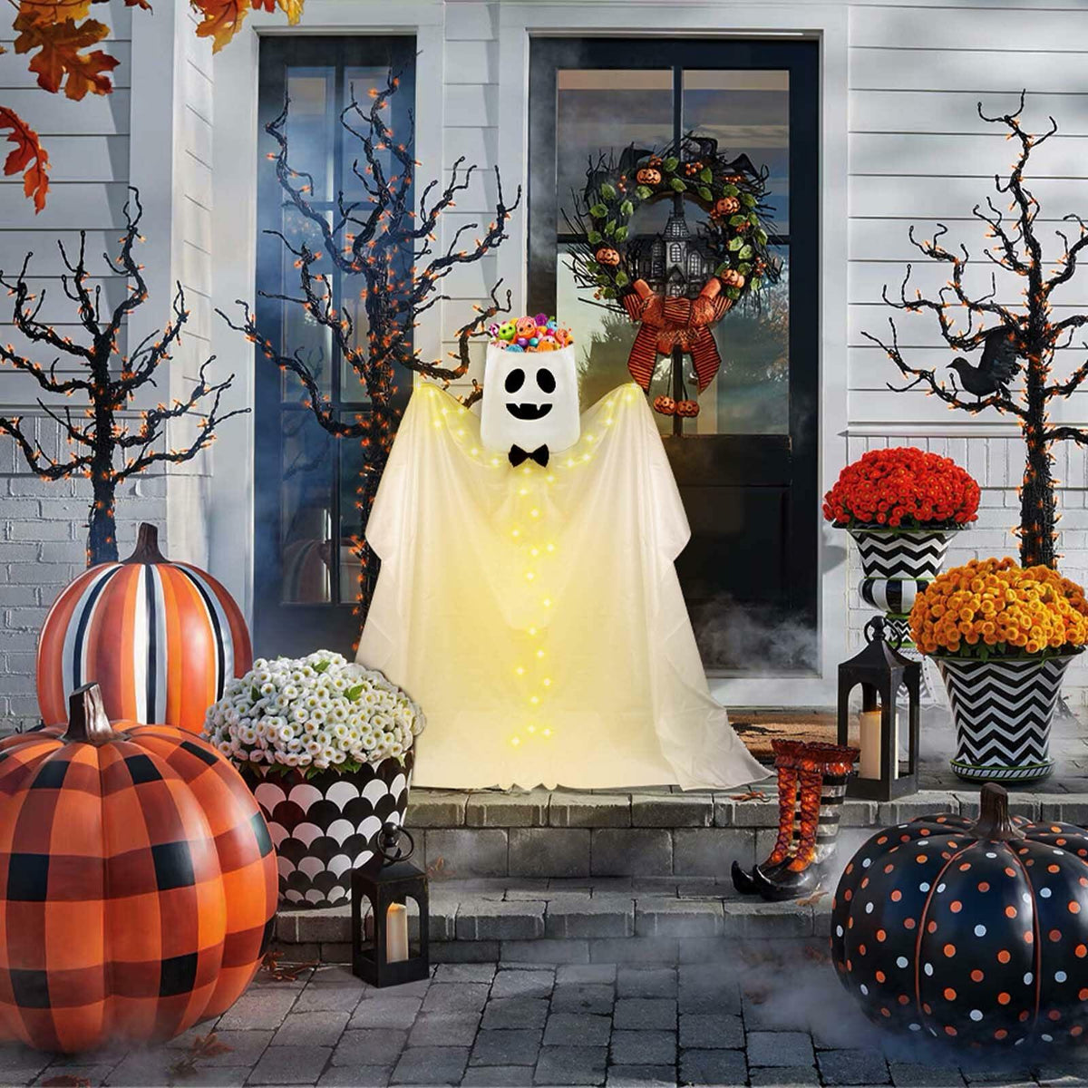 Waybas Ghost Halloween Candy Bowl LED Lights Outdoor 47" Tall White