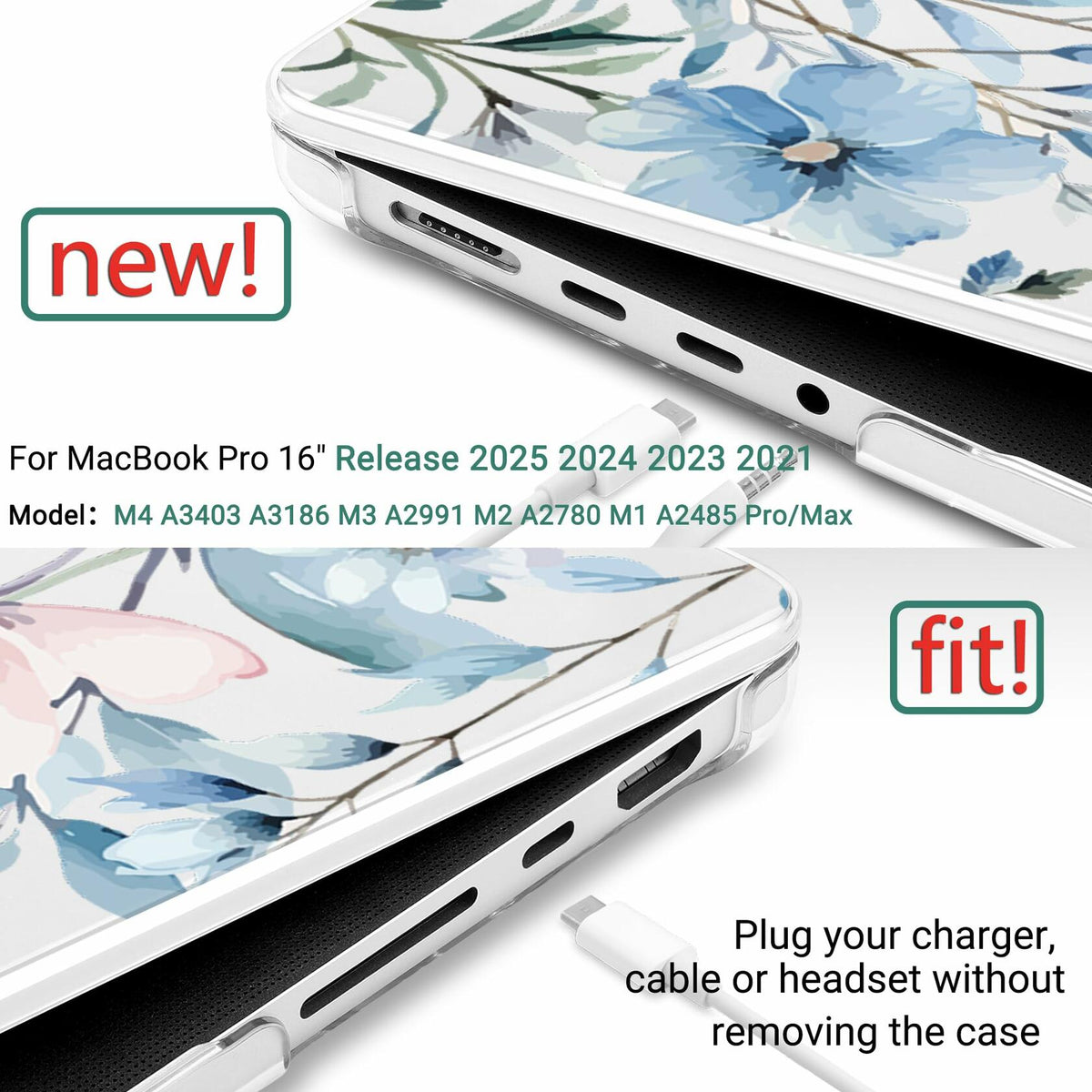DONGKE MacBook Pro 16 Inch Case 2024 2023 2021 Pro Max Blue Flowers