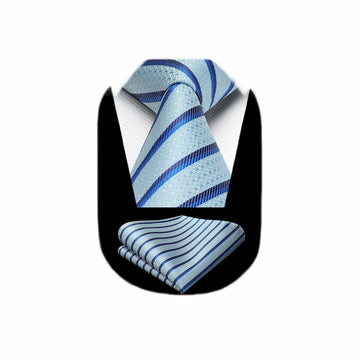 HISDERN Mens Silk Striped Necktie & Handkerchief Set Light Green Size 8.5cm