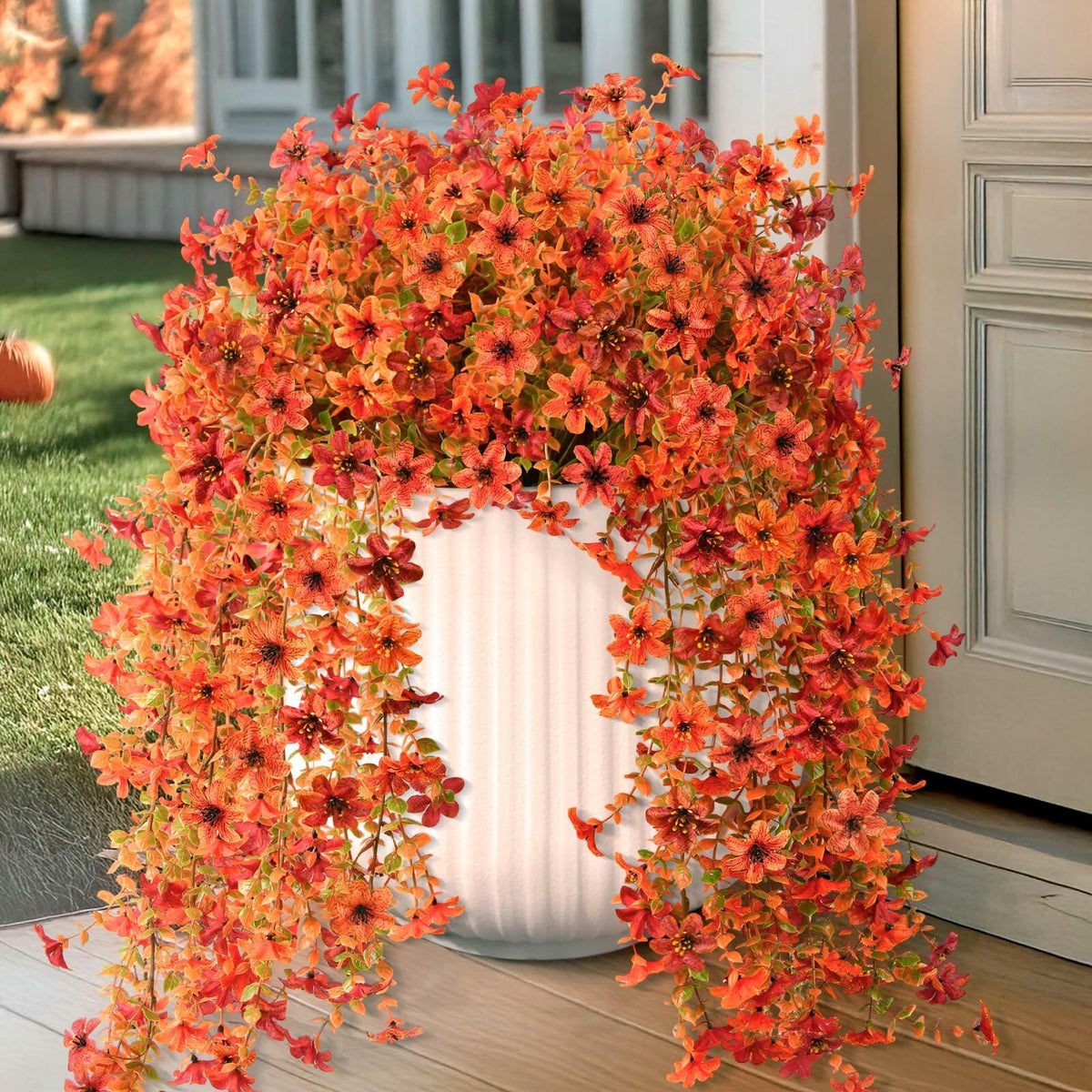 INQCMY Faux Mums Silk Flowers with Autumn Leaves Orange Red 2PCS Outdoor Decor