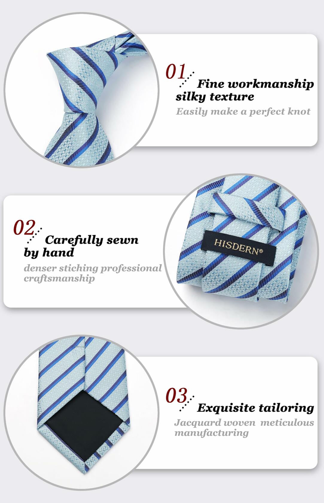 HISDERN Mens Silk Striped Necktie & Handkerchief Set Light Green Size 8.5cm