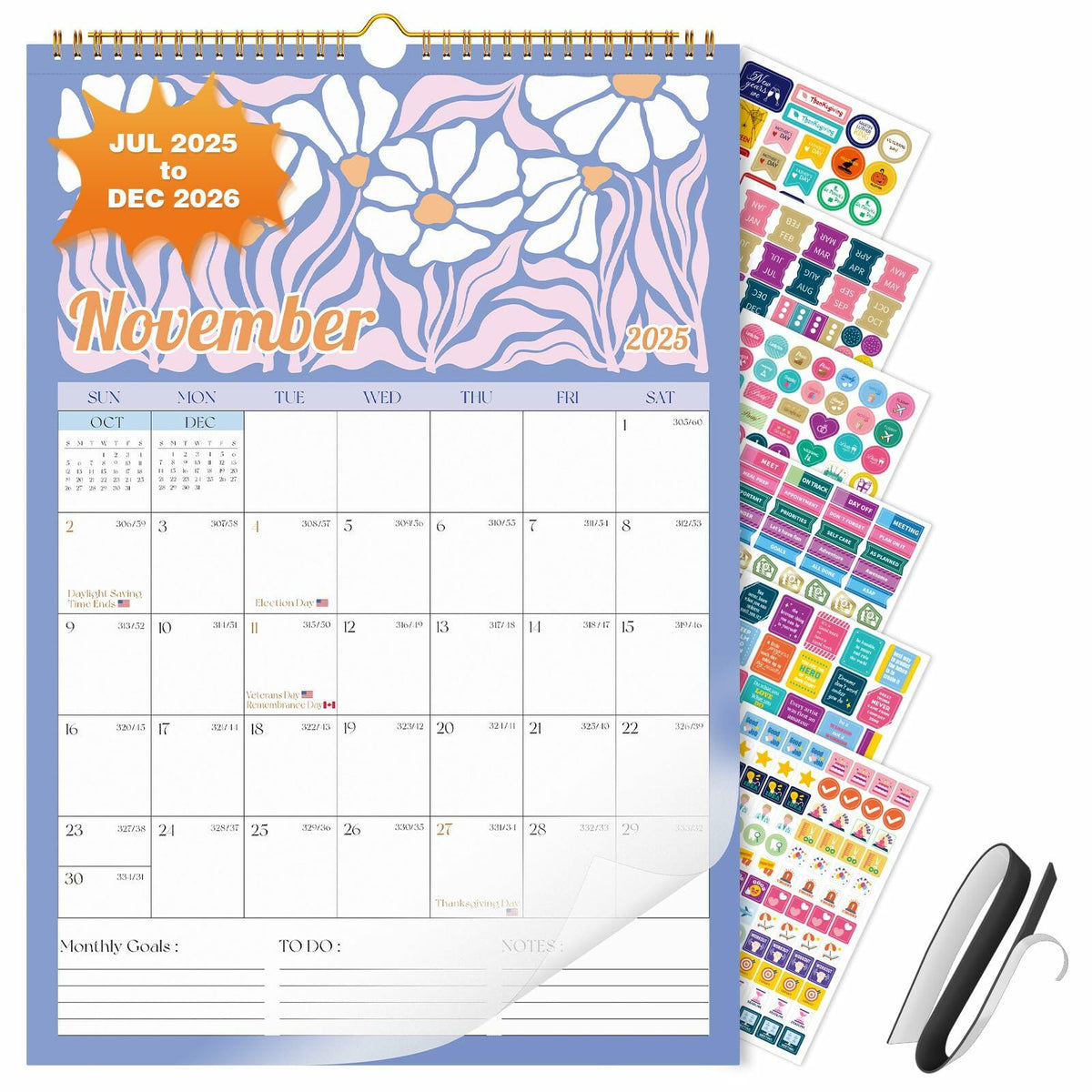 EYROZILL 2025 Wall Calendar Planner Spiral Bound 12x17 Marble Jul25-Dec26