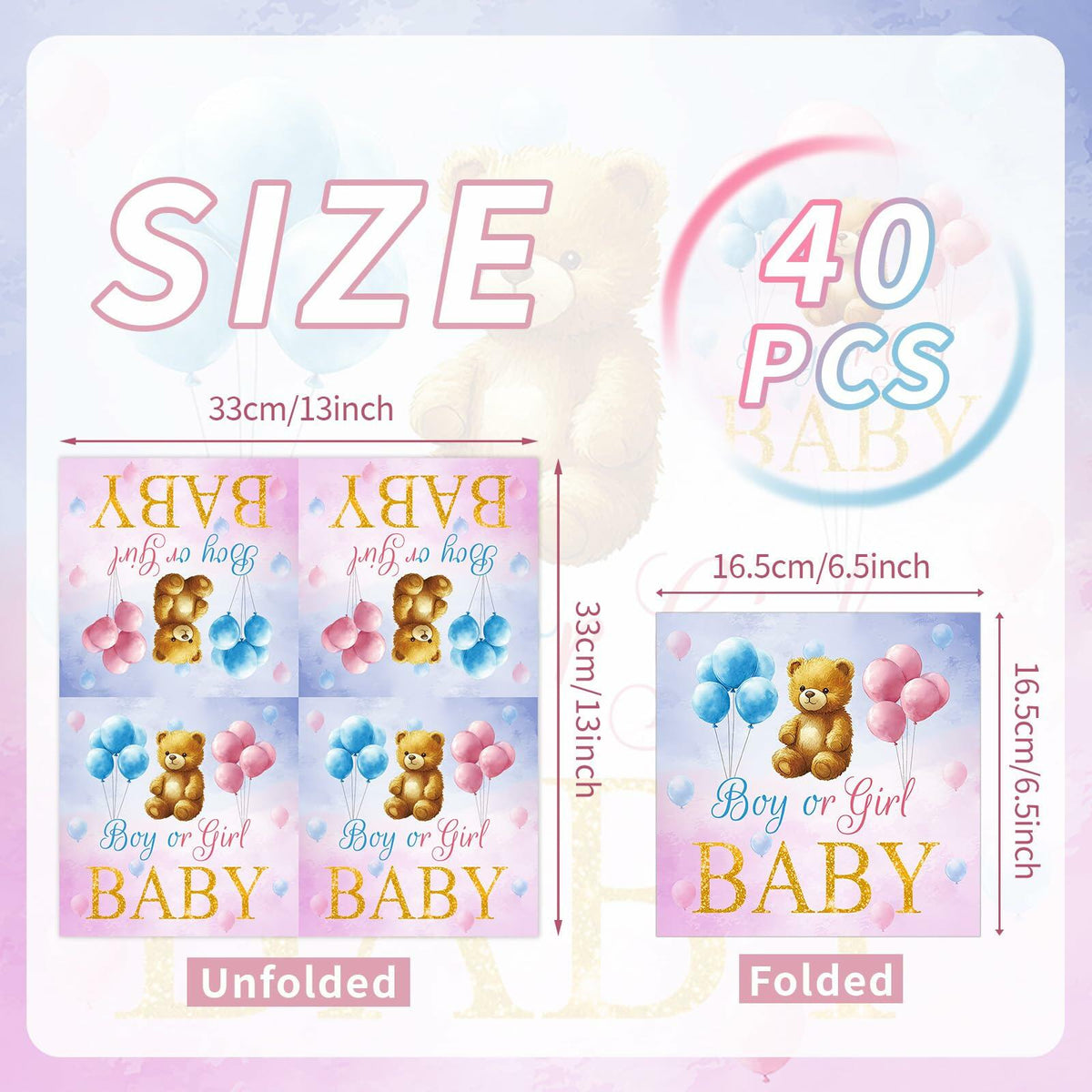 Litmitfu Baby Gender Reveal Napkins 3-Ply Bear Pink Blue 40 Pcs