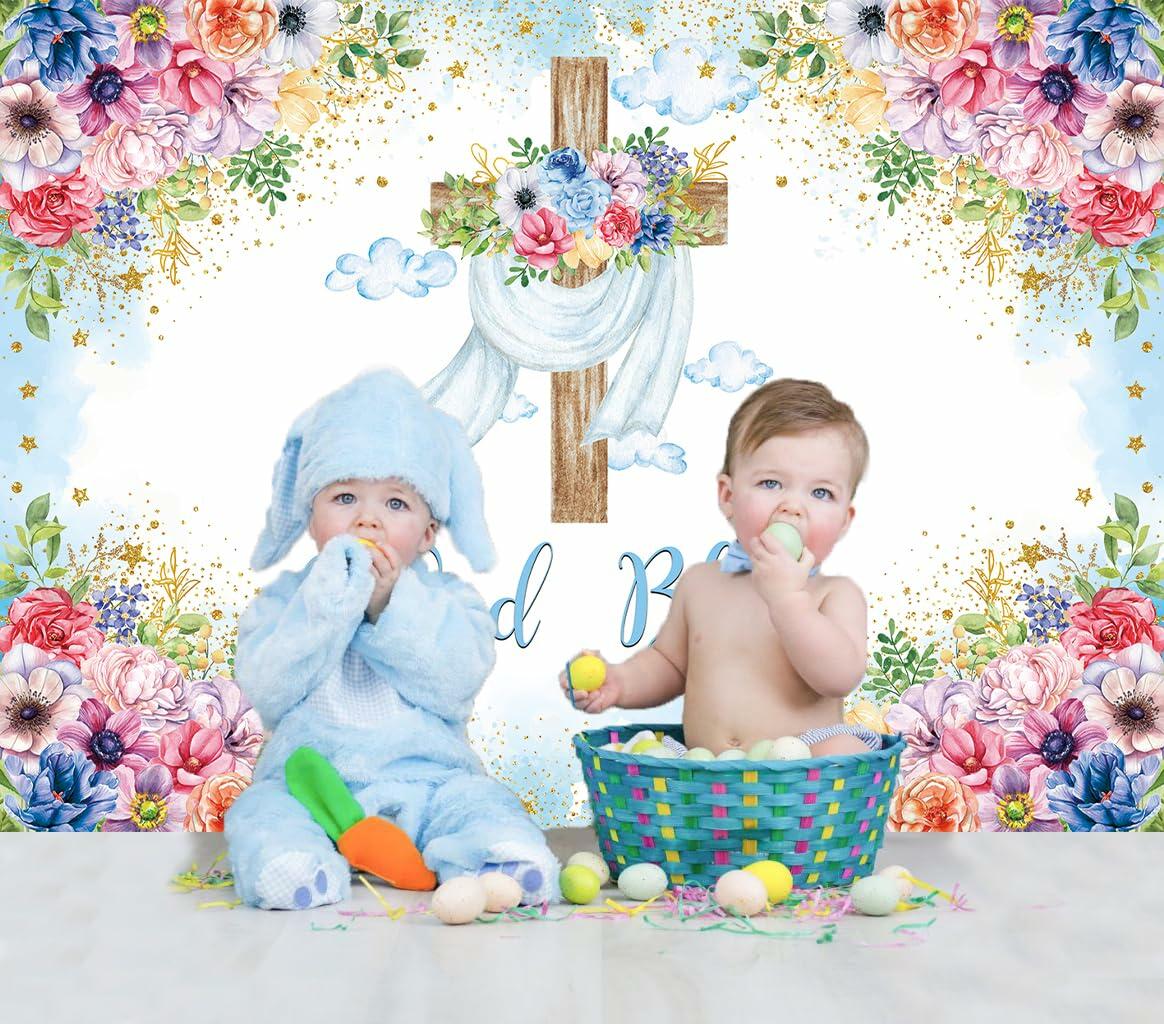 God Bless Backdrop Boy Blue Floral Baptism Party Decoration 7x5FT