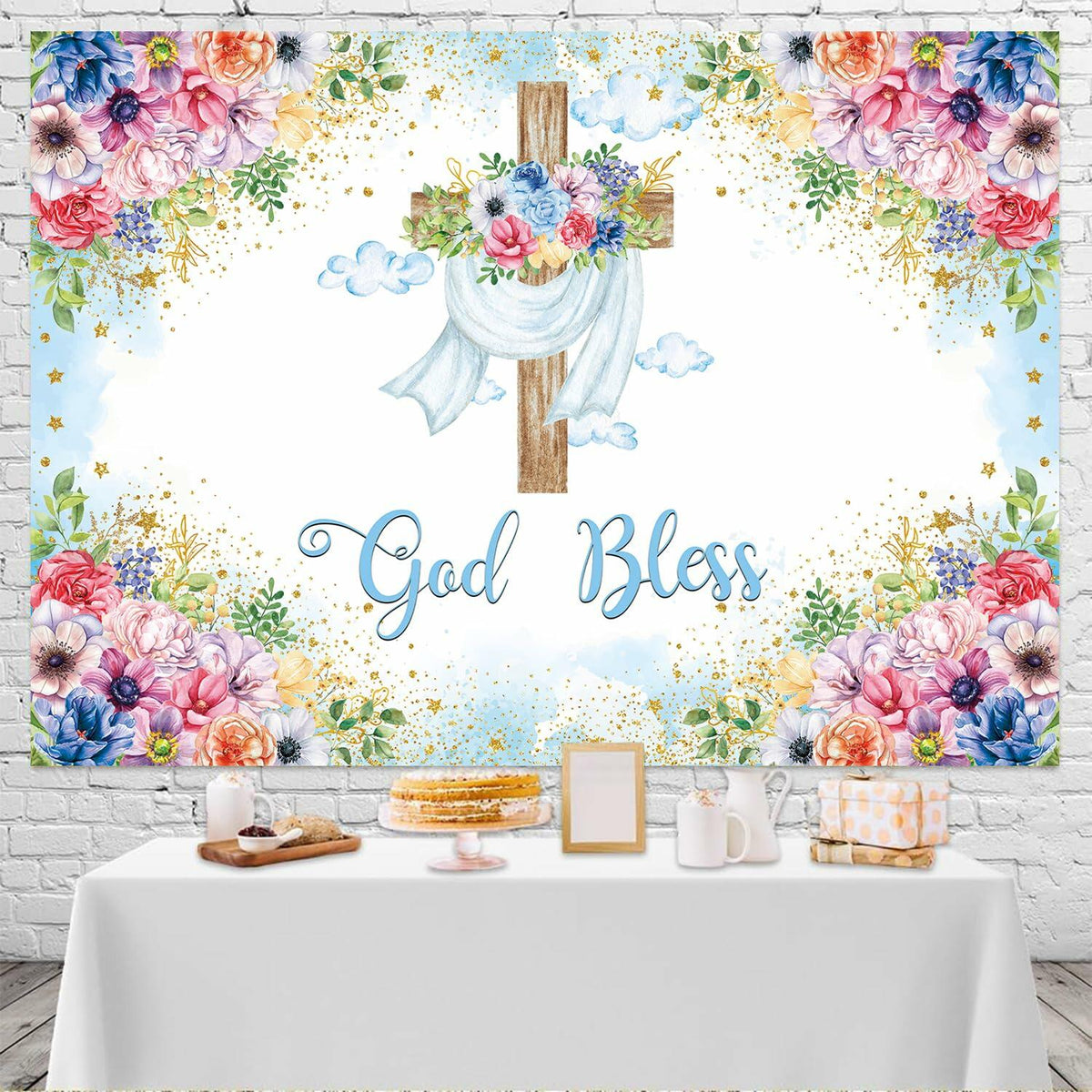 God Bless Backdrop Boy Blue Floral Baptism Party Decoration 7x5FT