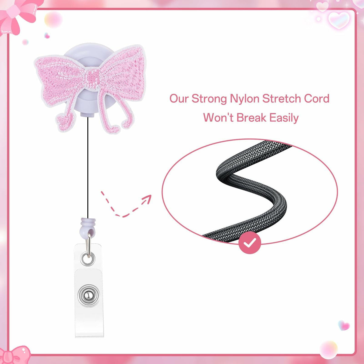 Kimoli Embroidery Pink Bow Nurse Badge Reel Retractable Pink Clip