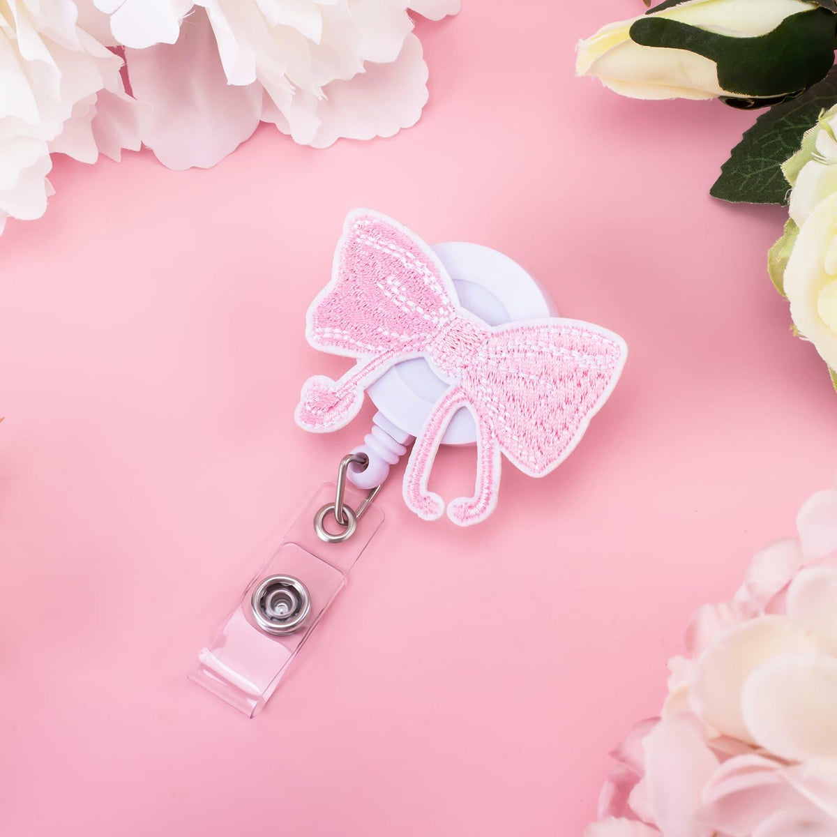 Kimoli Embroidery Pink Bow Nurse Badge Reel Retractable Pink Clip