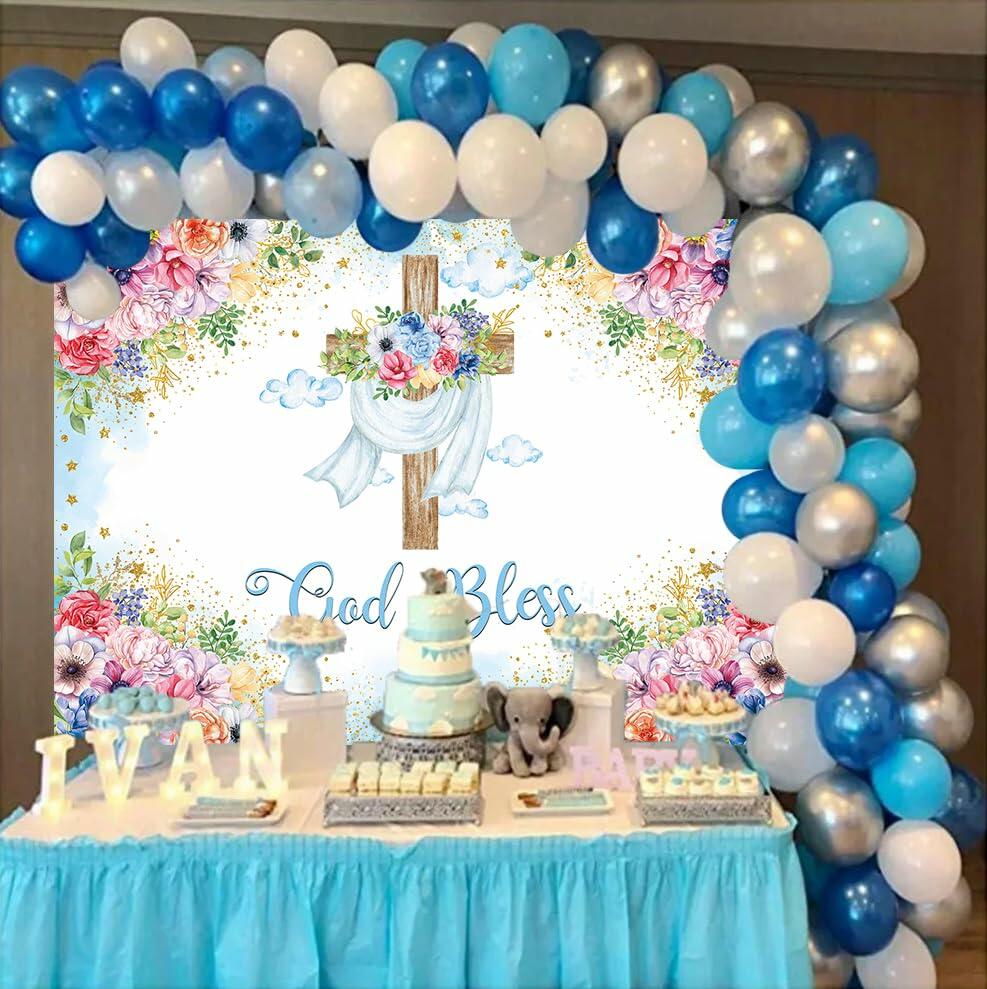 God Bless Backdrop Boy Blue Floral Baptism Party Decoration 7x5FT