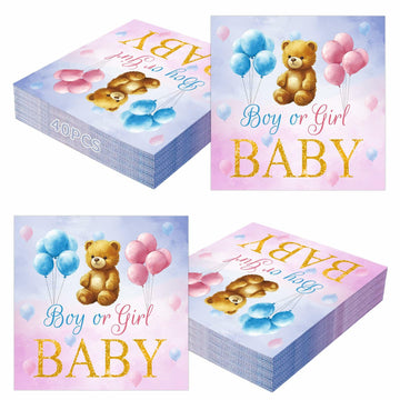 Litmitfu Baby Gender Reveal Napkins 3-Ply Bear Pink Blue 40 Pcs