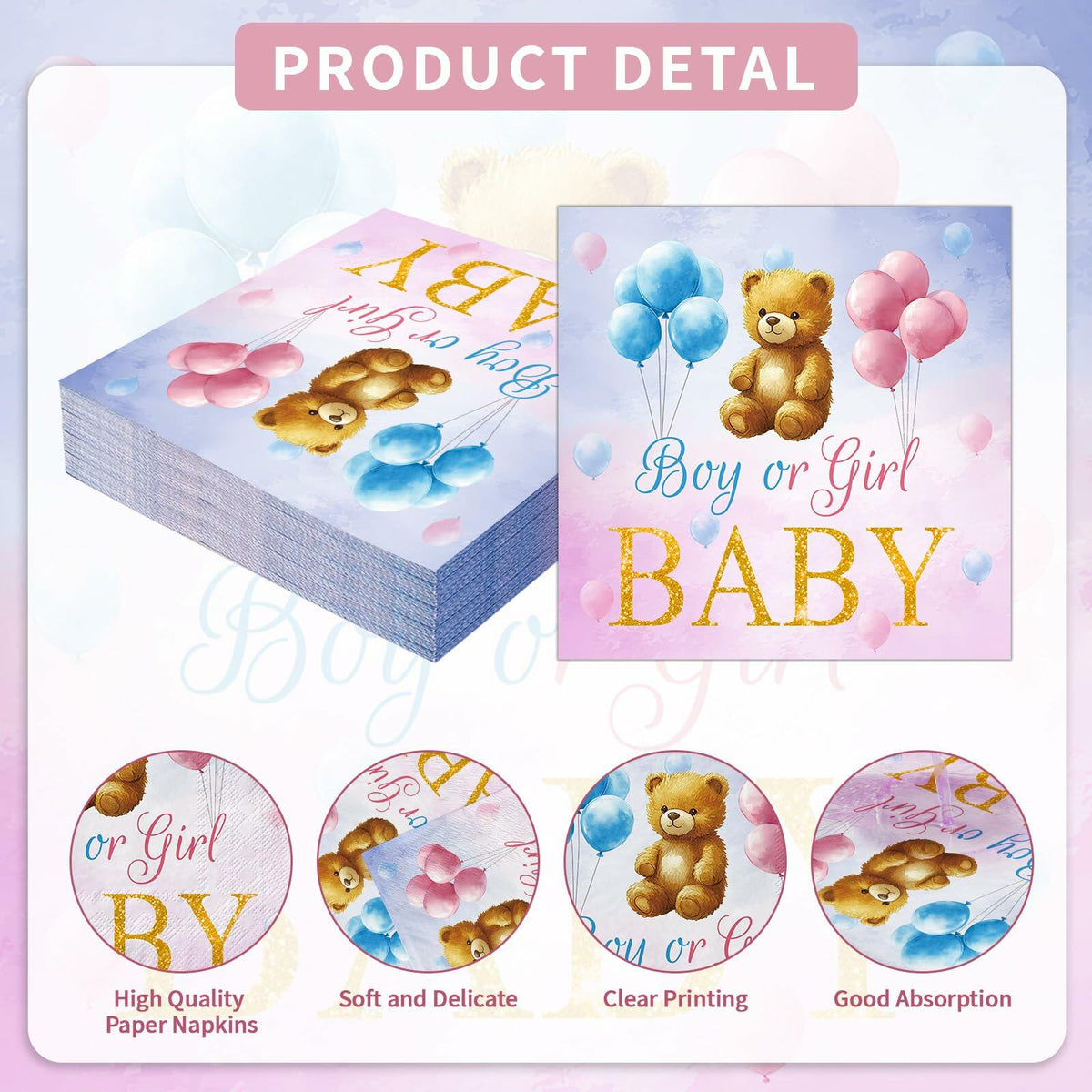 Litmitfu Baby Gender Reveal Napkins 3-Ply Bear Pink Blue 40 Pcs
