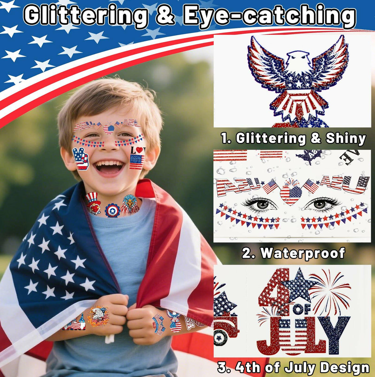 eboozone 4th of July Temporary Tattoos 68pcs Patriotic USA Flag Red/Blue
