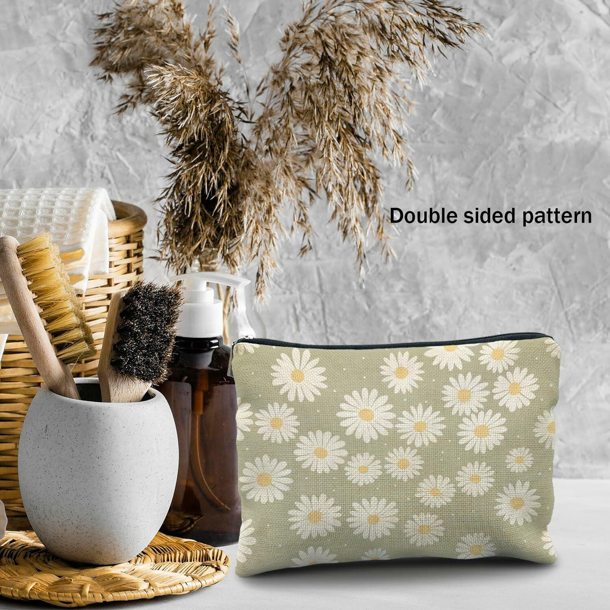 Likjad Sage Green Linen Cosmetic Bag Daisy Decor