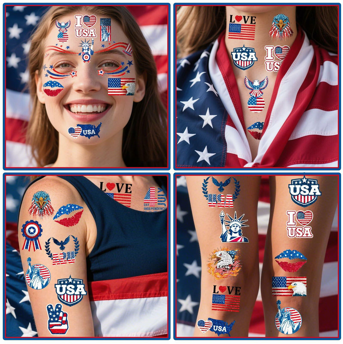 eboozone 4th of July Temporary Tattoos 68pcs Patriotic USA Flag Red/Blue