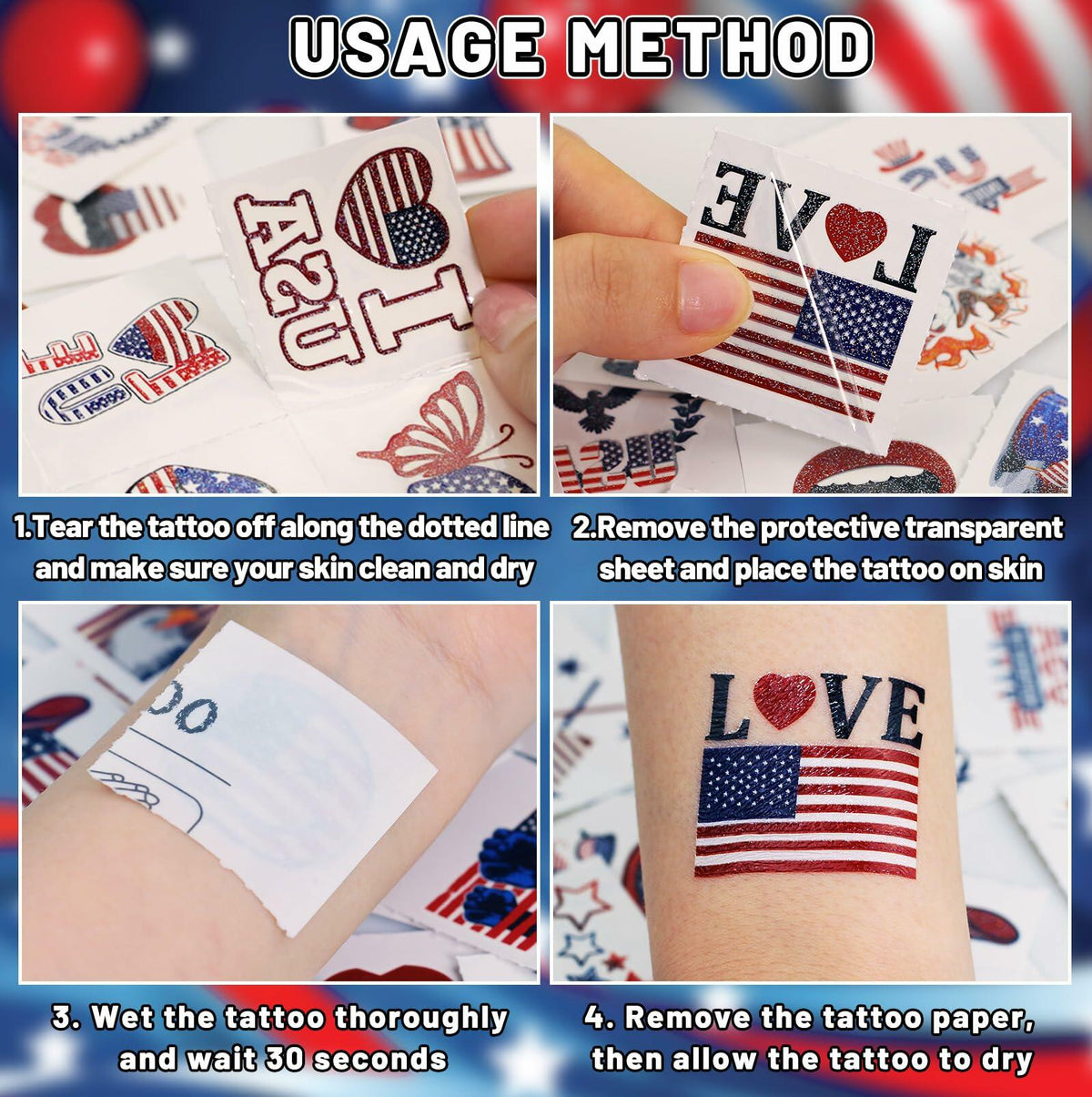eboozone 4th of July Temporary Tattoos 68pcs Patriotic USA Flag Red/Blue