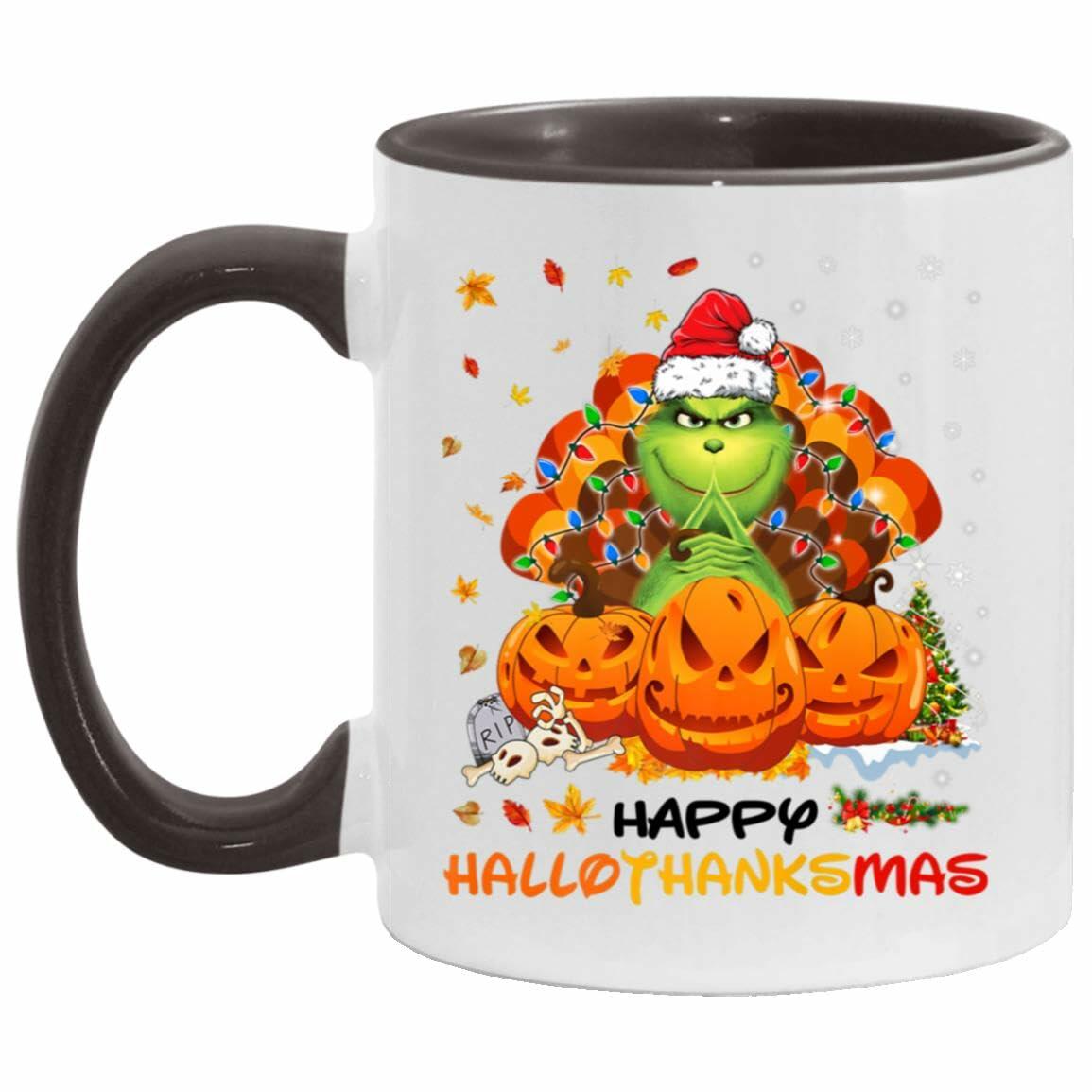 AdamLongStore Happy Hallothanksmas Fall Accent Mug 11oz White/Black