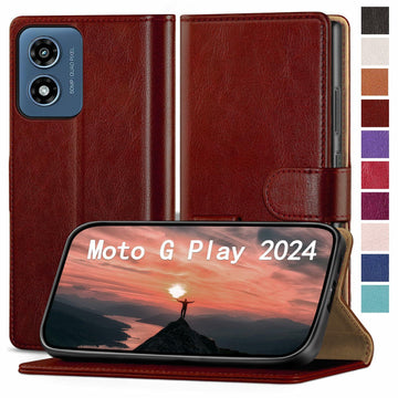 RingPi Moto G 5G 2024 Leather RFID Wallet Case Brown 3 Card Slots