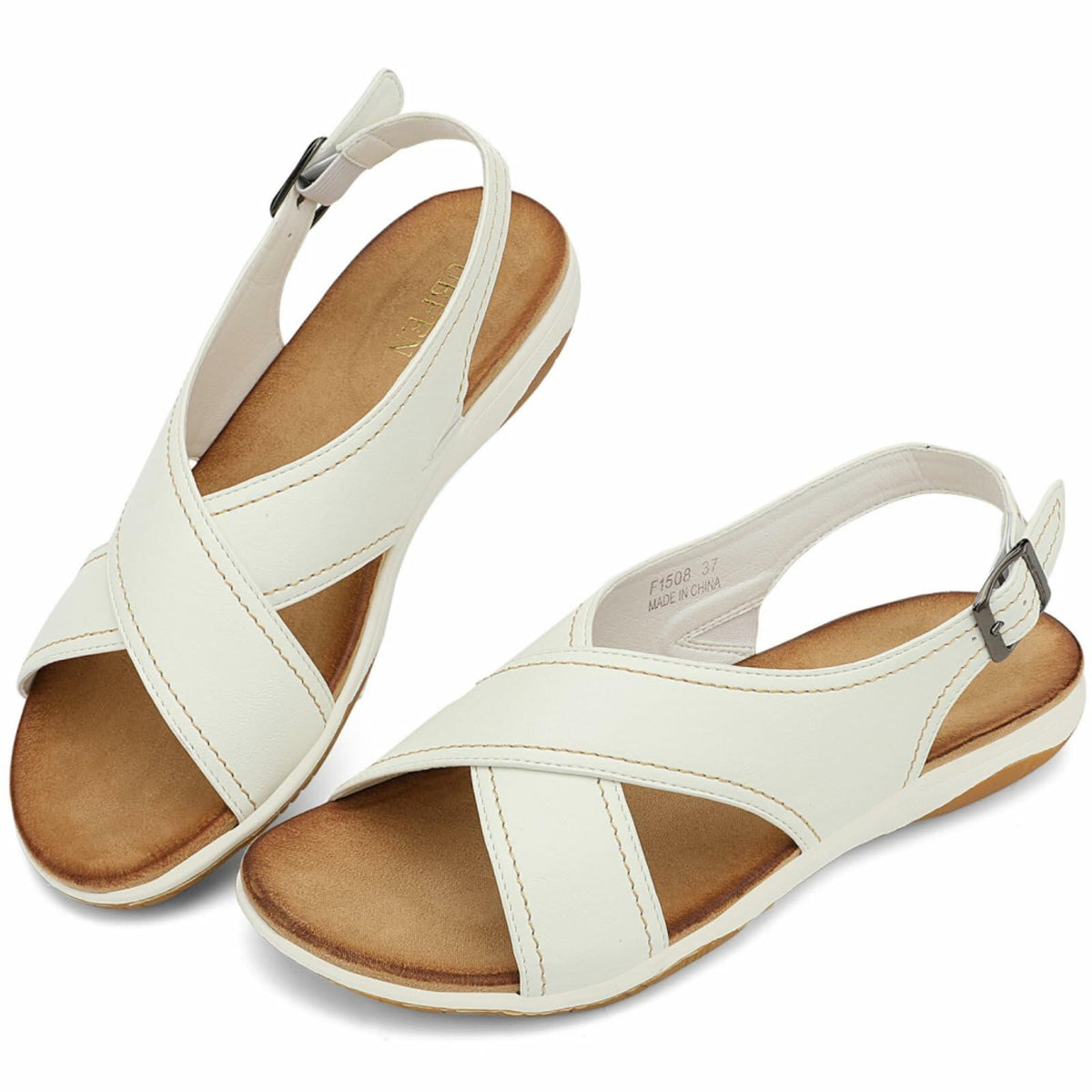 UBFEN Womens Flat Sandals Arch Support Adjustable Slingback White Size 10