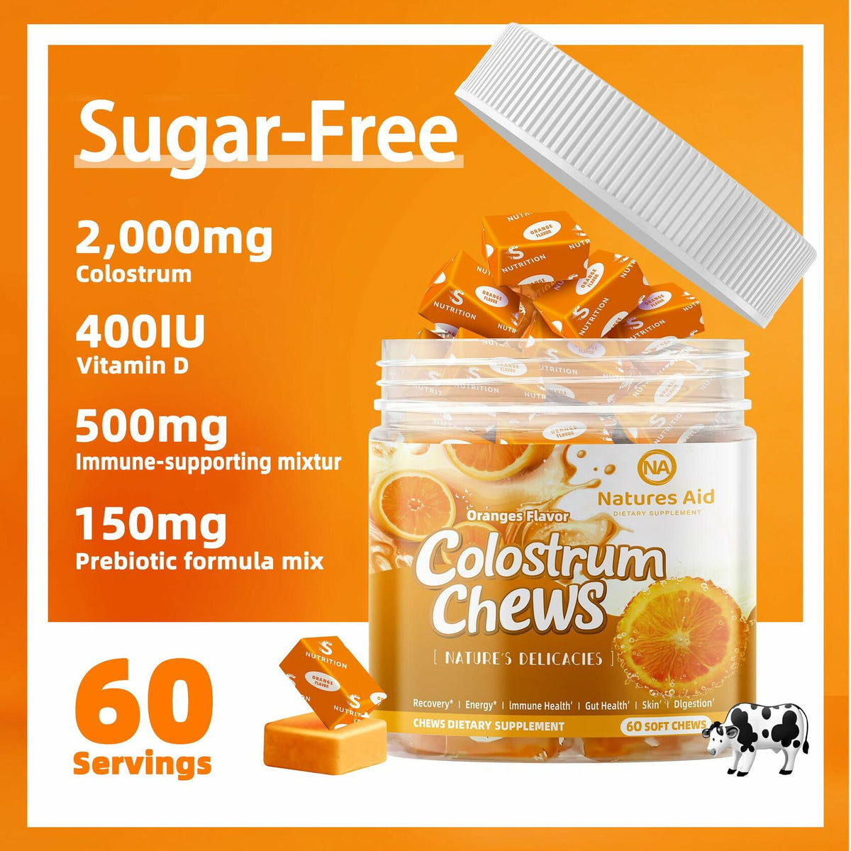 BestBy12/26 Natures Aid Colostrum Chews Probiotics Gut Health Orange 60 Sv