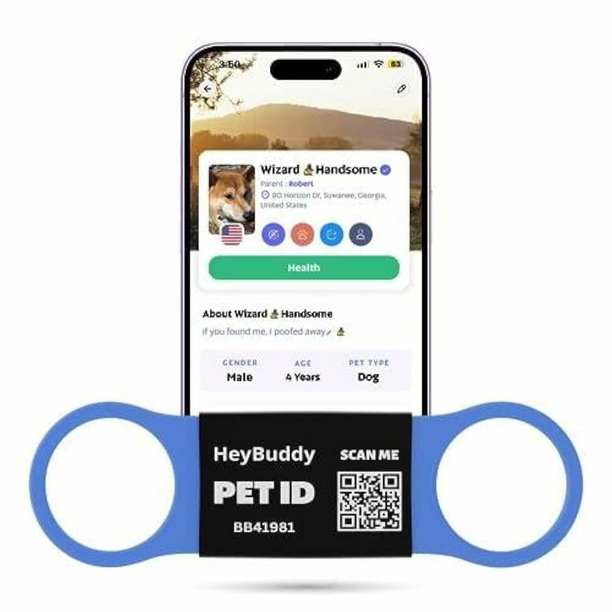 HeyBuddy Slide Series QR Code Smart Pet Tag Stainless Steel Blue