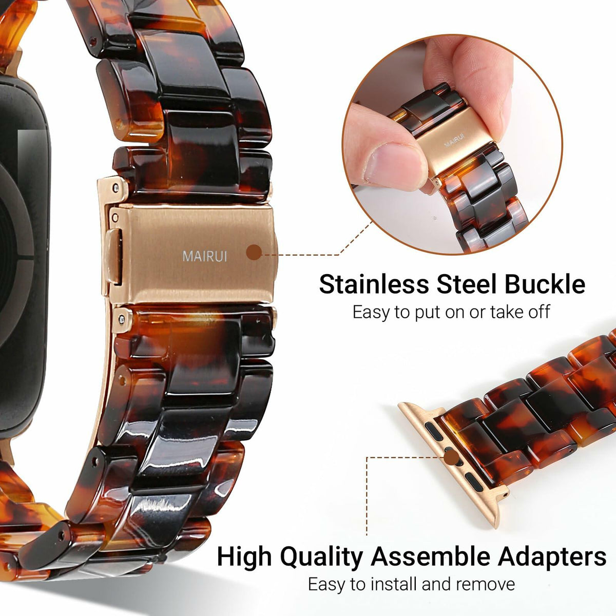 MAIRUI Resin Watch Band Compatible Apple Watch Series 1-9 Ultra 42-49mm Pink Tan