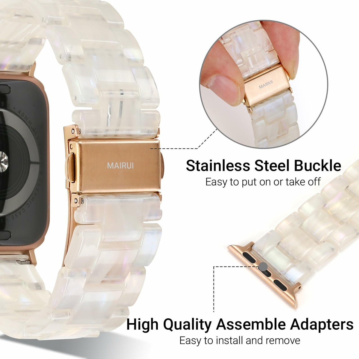 MAIRUI Resin Watch Band for Apple Watch Series 1-9 Ultra 42-49mm Colorful White