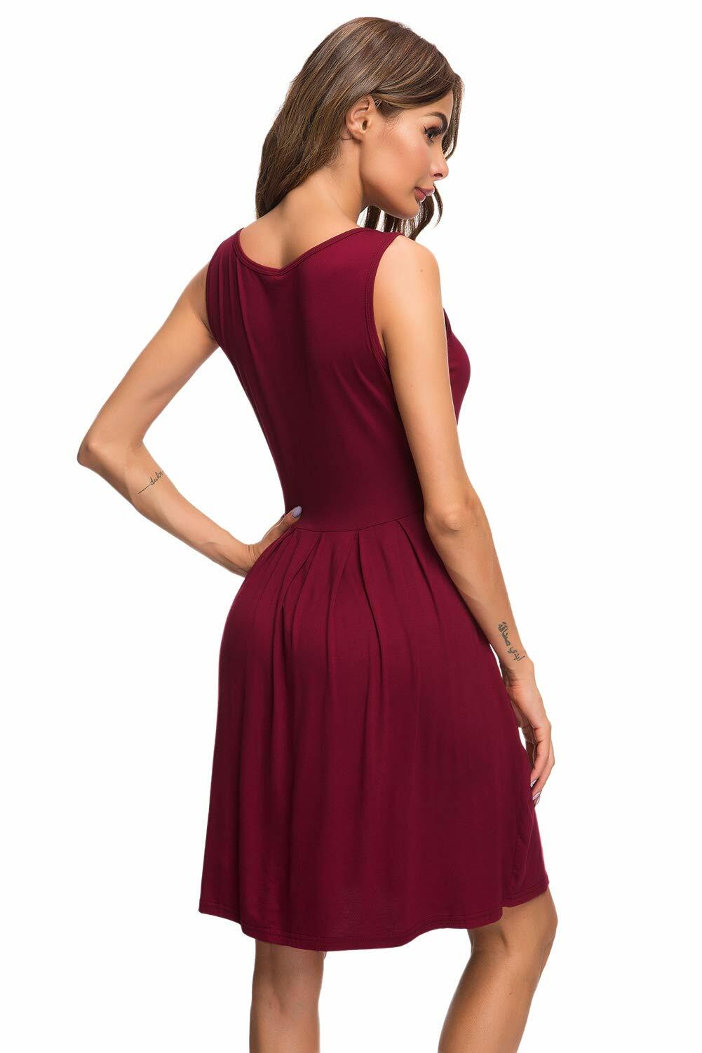 AUSELILY Women's Sleeveless Pleated Loose Swing Dress Wine Red Size XL