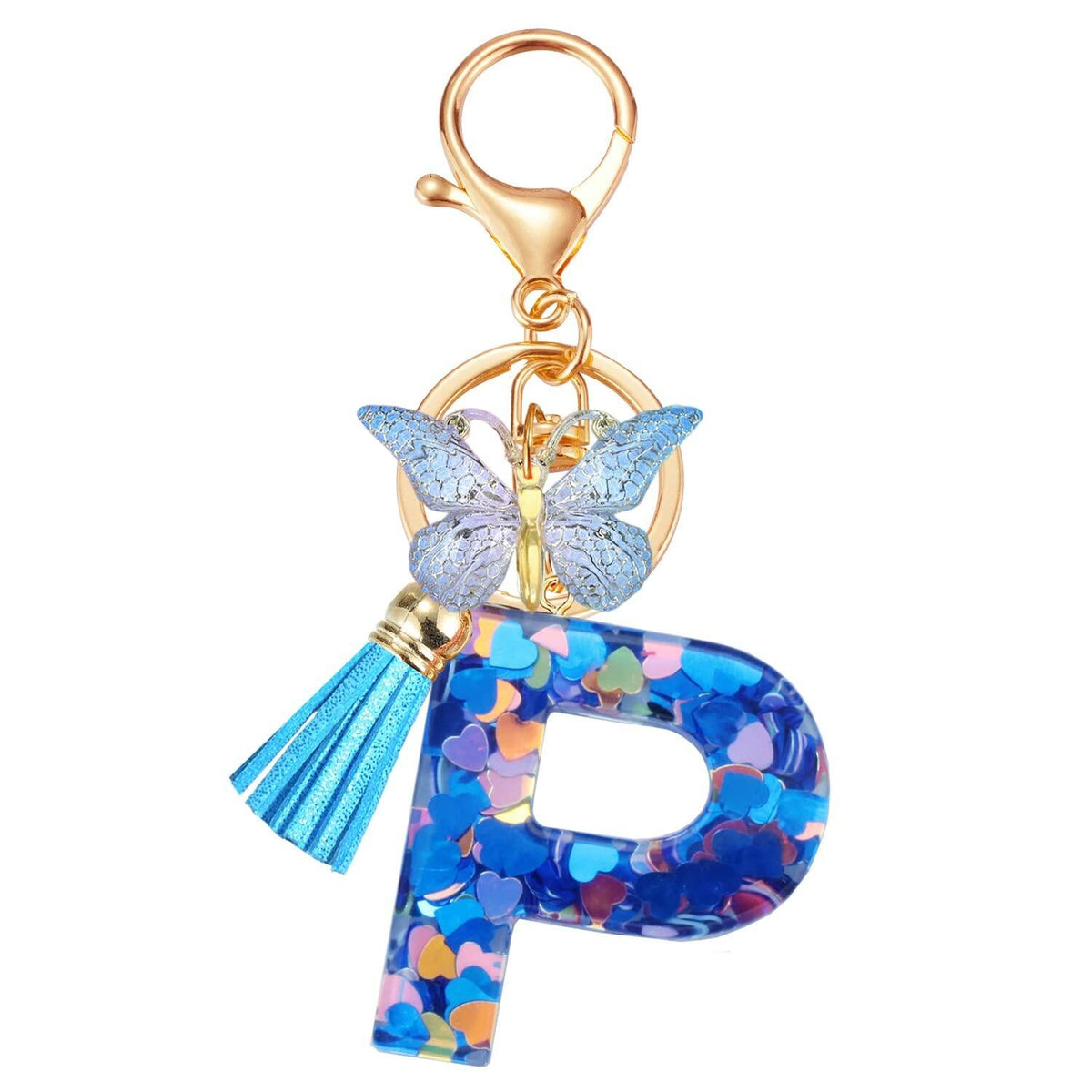 Besvatsy Blue Heart Alphabet Keychain Tassel Butterfly Pendant Medium