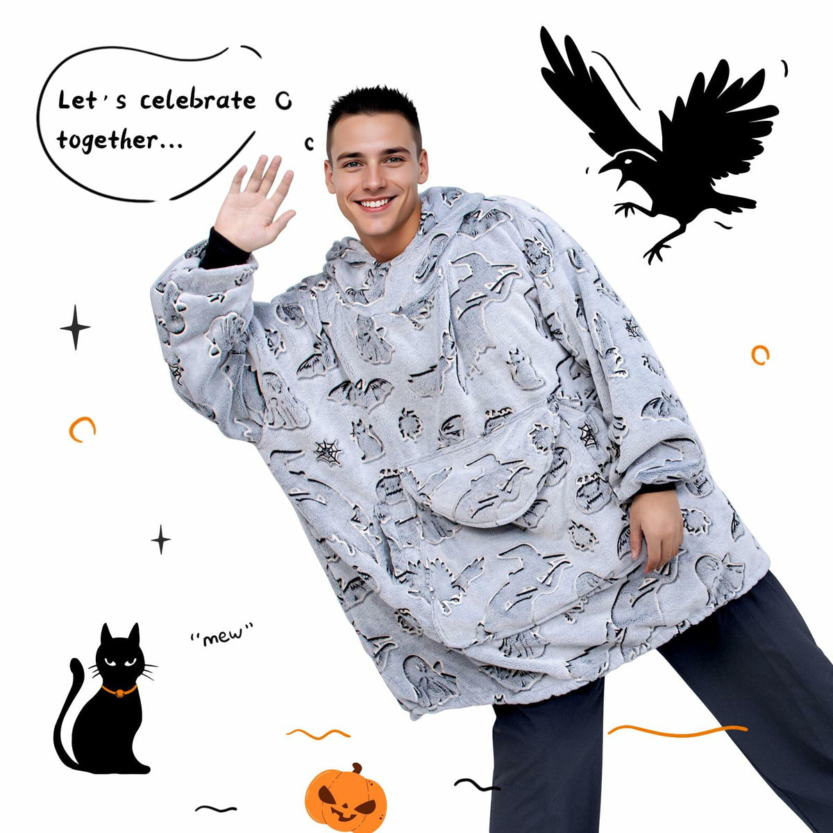 REXEO Halloween Flannel Hoodie Blanket with Pocket Black One Size