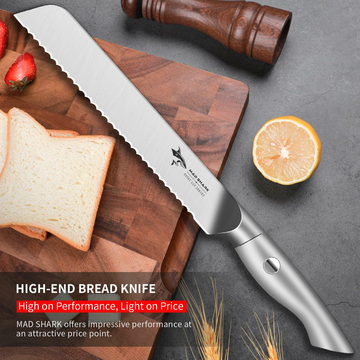 MAD SHARK Bread Knife 8 Inch Stainless Steel Silver Razor Sharp