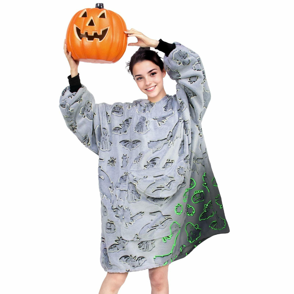 REXEO Halloween Flannel Hoodie Blanket with Pocket Black One Size